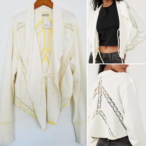 Free People Sweaters - FREE PEOPLE Lost Cause Lace Open Front Tie Cardigan Sweater NWT XL Ivory/ Yellow